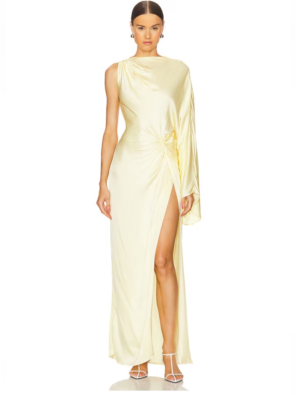 L’ACADEMIE Cassia Gown Lemon yellow satin maxi dress draped Revolve M flaw
